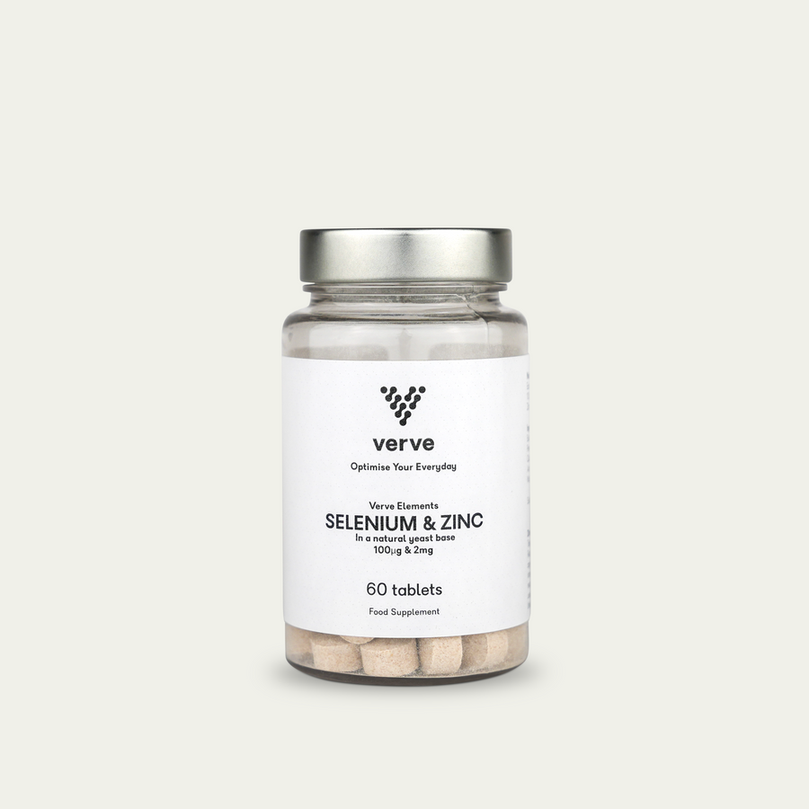 Clear glass bottle with silver lid containing beige tablets, labelled "Verve Elements Selenium & Zinc, 60 tablets".