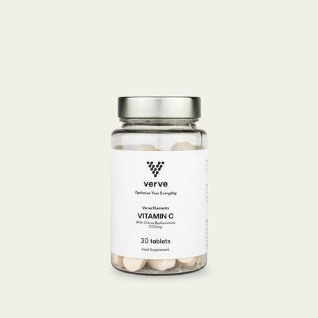 A transparent jar of Verve Vitamin C 1000mg with Citrus Bioflavonoids, featuring a white label and silver lid, containing 30 white tablets as a food supplement.